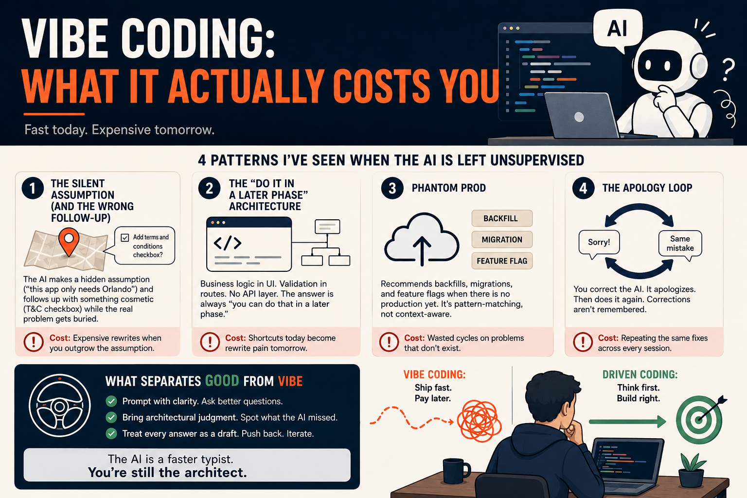 Infographic summarizing four vibe coding patterns: the silent assumption with a misdirecting follow-up, the "do it in a later phase" architecture, phantom prod, and the apology loop. Plus a section on what separates good coding from vibe coding through steering: prompt clarity, architectural judgment, and treating answers as drafts.